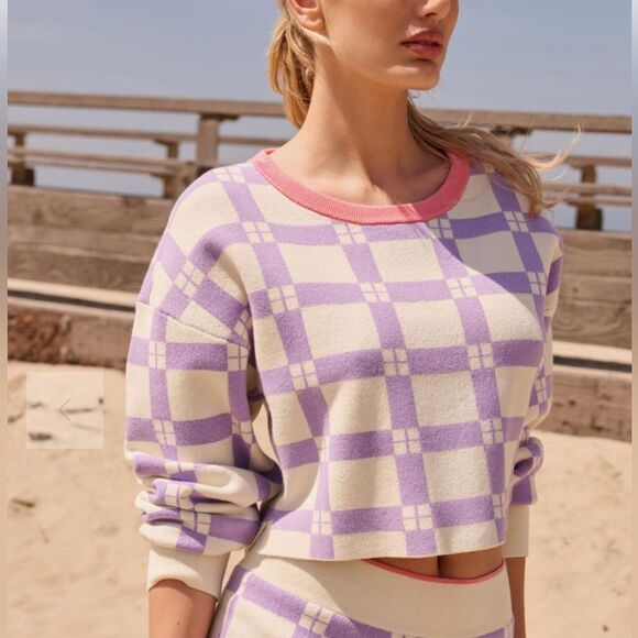 Anthropologie Daily Practice Plaid Purple & White Long-Sleeve Cropped Sweater M - Picture 1 of 9
